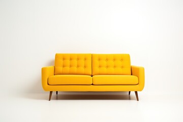 Minimalist Marvel Studio shot of a yellow sofa on a carpet isolated on white background