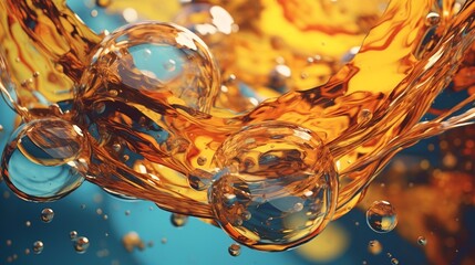 macro close-up on oil falling into water splashing background, golden tones, drop liquid abstract bubble texture closeup splash pattern - obrazy, fototapety, plakaty