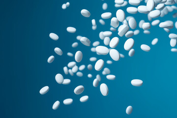Blue white pills falling on a blue background generative ai