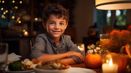 Portrait of a boy during Thanksgiving dinner with his family - obrazy, fototapety, plakaty