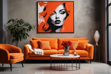 Sleek and Stylish Vivid orange sofa and art poster on stucco wall. Interior design of modern loft living room,