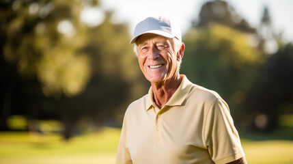 Portrait of a happy smiling senior man on a golf course