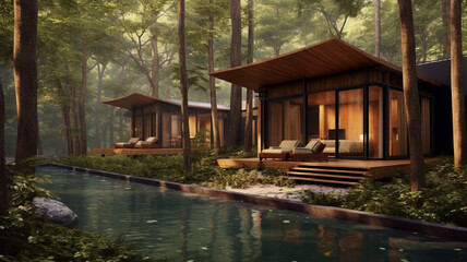 Obraz premium concept design for modern thai style cabins in the woods with small hot pools fed be a creek.generative ai