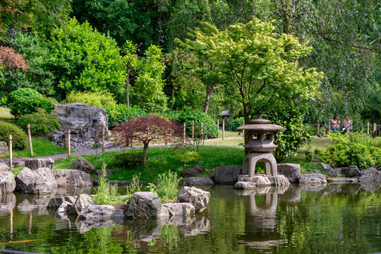 Beautiful traditional Japanese style Garden with a small waterfall, pond and rocks. Summer image of Kioto garden at Holland Park, London