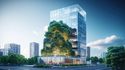 A sustainable glass office building in a contemporary urban setting, featuring a tree for carbon dioxide reduction, fostering a green environment in the corporate structure to mitigate CO2 emissions - obrazy, fototapety, plakaty