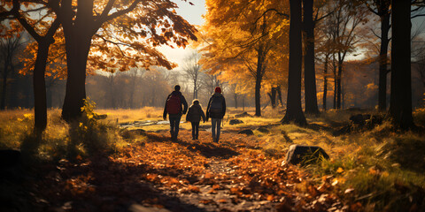 a family walking in the forest
