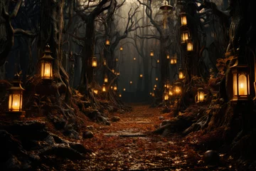  A haunted forest trail illuminated by eerie lanterns and flickering candles. Generative Ai. © Sebastian