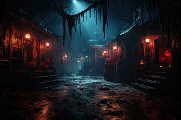 A haunted house attraction with eerie decorations and fog machines. Generative Ai.