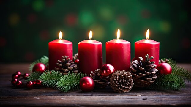Klassischer Adventskranz mit vier roten Kerzen, roten Weihnachtskugeln, Tannenzapfen und grünen Tannenzweigen auf rustikalem Holztisch