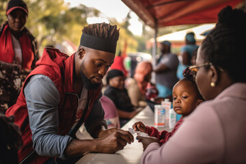 A family participating in a community vaccination event. Generative Ai.