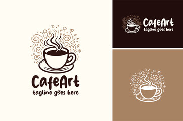 Coffee Cup with Artistic Doodle Floral  Hot Drink Steam for Art Cafe Beverages or Barista Shop logo design
