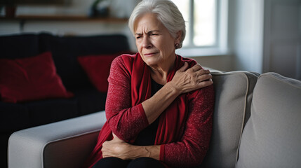 Woman with shoulder and neck pain sits on the couch at home
