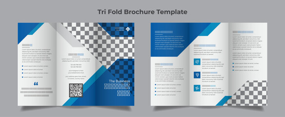 business trifold brochure template. Corporate, Modern, Creative and Professional tri fold brochure vector design. Simple and minimalist promotion layout with blue color for business