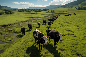Obraz premium A herd of cattle rotationally grazing on pastureland, promoting soil and grass health. Generative Ai.