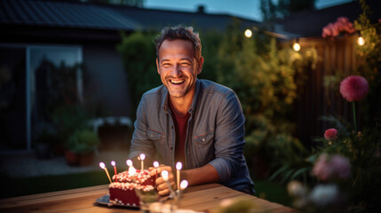Happy man celebrates his birthday in the backyard of his home with decorations like cake, candles, balloons and lights.