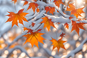 nature with orange leaves covered with frost in late autumn
