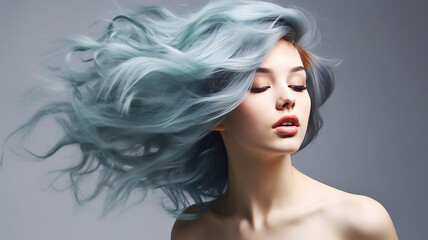Lively blue hair on a gray background generative ai
