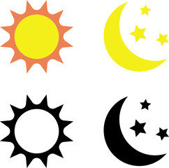 Sun and moon, vector icon. Sun and moon icons with stars, black and color icons.