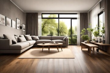 modern living room with sofa and wooden table money plant - obrazy, fototapety, plakaty