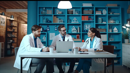 Medical, meeting and laptop for team in office in discussion, brainstorming and planning.generative ai