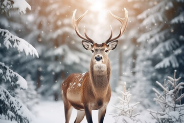 Noble deer male in winter snow forest. Artistic winter christmas landscape.