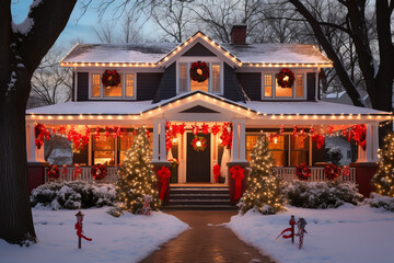 Beautifully decorated Christmas house with veranda. Garlands, lamps, Christmas trees and wreaths.