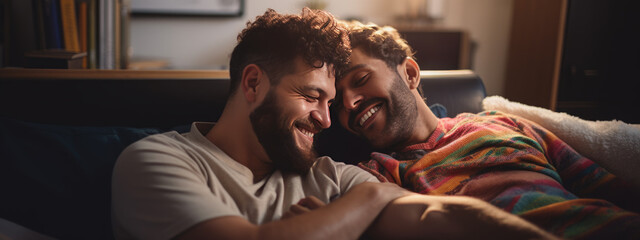 Couple of homosexual men sit on the couch at home and cuddle smiling