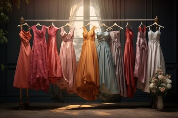 A collection of dresses hanging on a rack. Perfect for showcasing the latest fashion trends and styles. Ideal for fashion bloggers, clothing stores, and fashion magazines.
