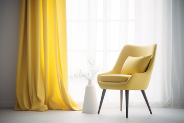 Yellow armchair against a background of a window, yellow curtains and a vase with plants. Minimalist design.