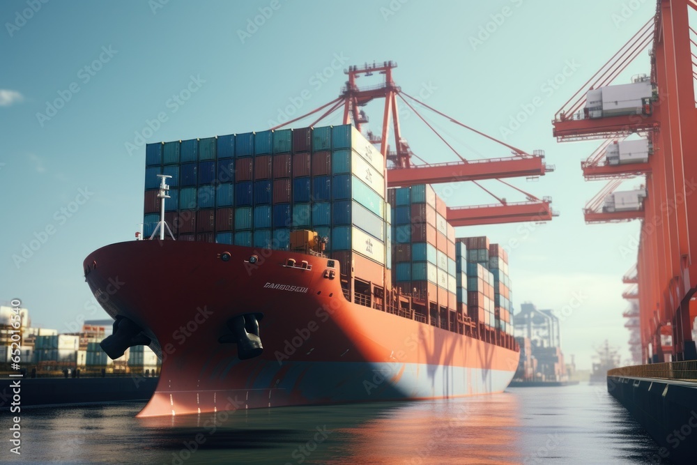 Aufkleber A picture of a large container ship floating in a body of water. This image can be used to depict international trade, shipping industry, or transportation logistics.