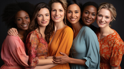 Woman hug and smile for studio portrait representing diversity, inclusivity and interracial beauty. Closeness and femininity.