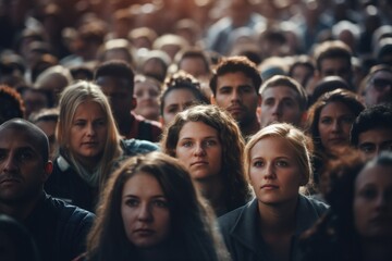 A picture of a large group of people standing together in a crowd. This image can be used to depict a variety of scenarios and events where people come together in large numbers. - obrazy, fototapety, plakaty