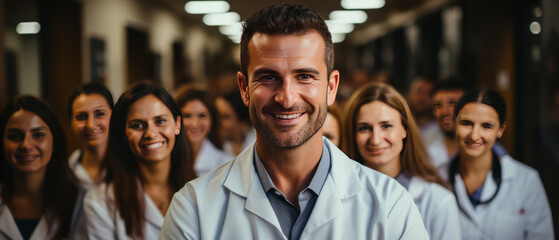 portrait caucasian doctor man with blured team nurses and assistants behind in depth of field generative ai