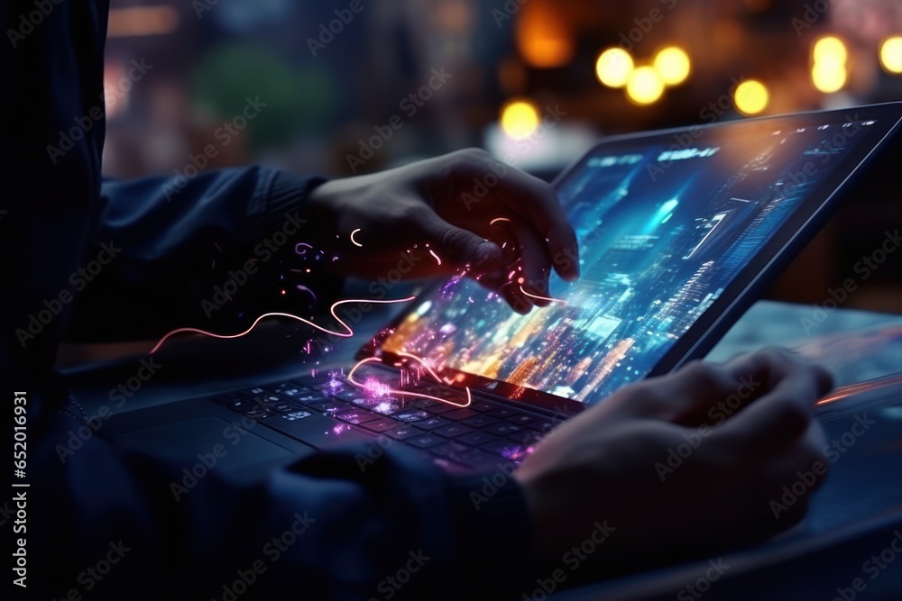 Poster A person is seen typing on a laptop with a glowing screen. This image can be used to illustrate concepts related to technology, work, productivity, or online communication.