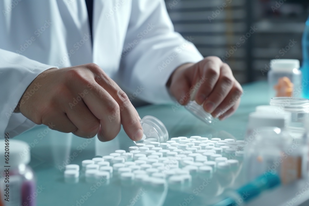 Poster a person wearing a lab coat carefully places a pill into a bottle. this image can be used to depict 