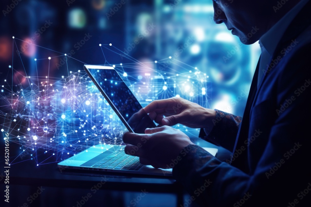 Poster A man is seen using a laptop computer with a network of dots in the background. This image can be used to depict technology, connectivity, or working remotely.