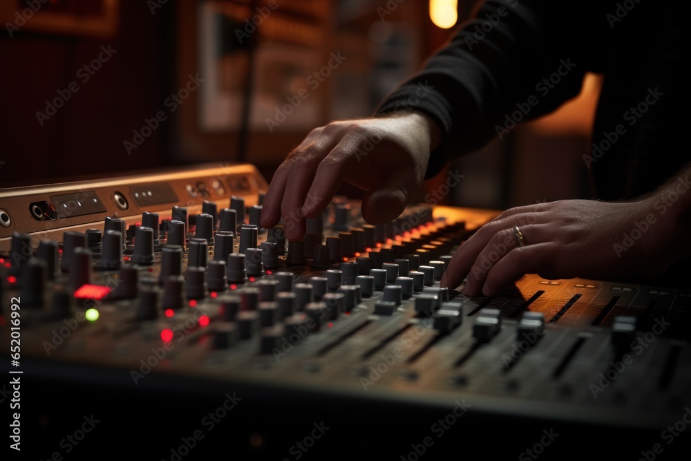 Poster a close-up view of a person's hands on a sound board. this image can be used to depict music product