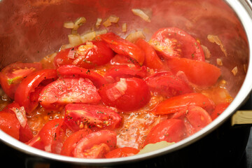 Tomatoes and onion in cooking pot