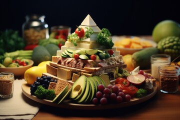 A platter of various fruits and vegetables displayed on a table. Suitable for healthy eating...