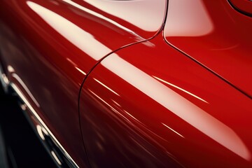 A close-up view of a shiny red car. This picture can be used to showcase the sleek design and vibrant color of a luxury vehicle. - obrazy, fototapety, plakaty