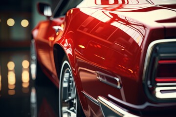 A close-up view of a red car parked inside a garage. This image can be used to showcase automotive maintenance, car storage, or garage organization.