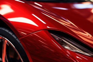 A detailed view of a shiny red sports car. This image can be used to showcase luxury, speed, and automotive design.