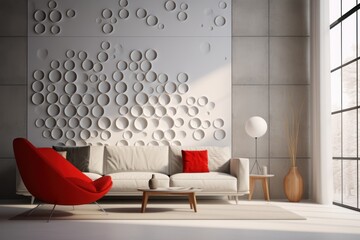 A modern living room with a white couch and a vibrant red chair. This image can be used to showcase contemporary interior design or as a backdrop for furniture advertisements.