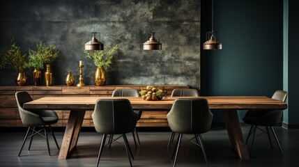 Interior of a modern dining room with a dining table and wooden chairs against a black wall
