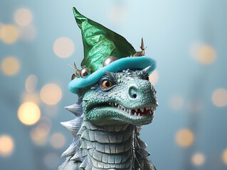 A kind green dragon smiles in a red New Year's hat against the background of blurry garland lights. Symbol of the year 2024 according to the Chinese calendar. New Year and Christmas 2024.