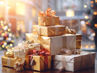 A large mountain of New Year's gifts stands in a bright room against the background of a New Year tree and garland lights. Golden Christmas gifts with bows under the Christmas tree.