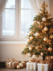 A mountain of New Year's gifts stands in a New Year's toy and gift store against the backdrop of a large window and a decorated large Christmas tree and shelves with toys.