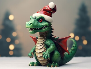A kind green dragon smiles in a red New Year's hat against the background of blurry garland lights. Symbol of the year 2024 according to the Chinese calendar. New Year and Christmas 2024.