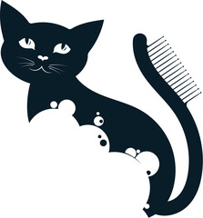 Cat silhouette with soap bubbles and comb. Grooming symbol design