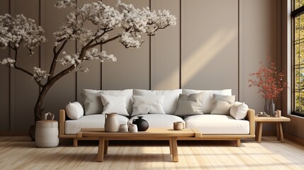 Japandi style interior design of a modern living room with a white sofa and a wooden paneling wall